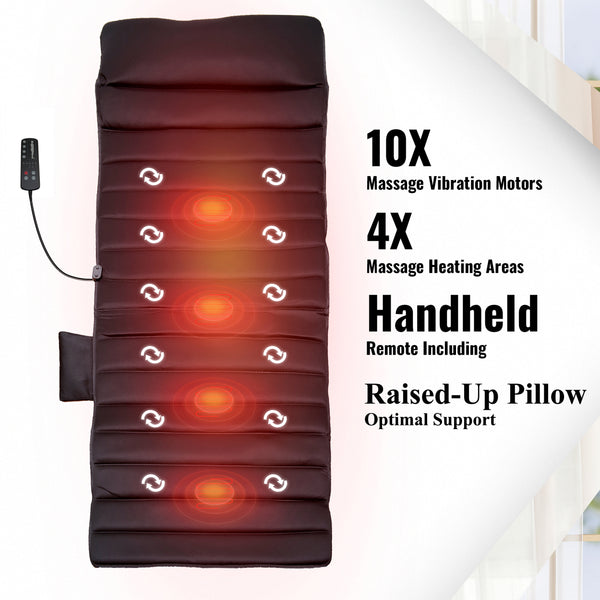 Carepeutic Targeted Zone Deluxe Full Body Massage Mat with Heat, Back Massager with 10 Vibration Motors, 4 Heating Zones, Raise-up Pillow, Foldable Relaxation Pad with 3 Selective Intensities