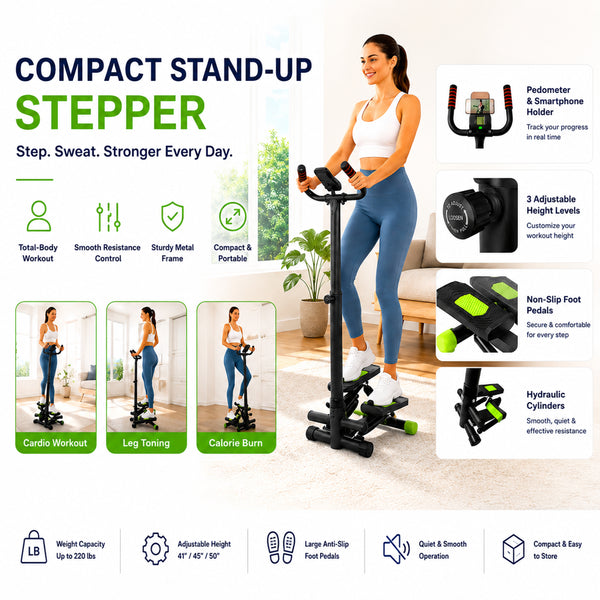 BetaFlex Stand-Up Hydraulic Workout Stepper with Handlebar, LCD Pedometer, and Smartphone Holder