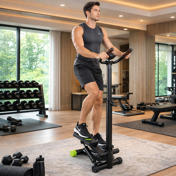 BetaFlex Stand-Up Hydraulic Workout Stepper with Handlebar, LCD Pedometer, and Smartphone Holder