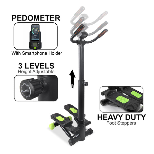 BetaFlex Stand-Up Hydraulic Workout Stepper with Handlebar, LCD Pedometer, and Smartphone Holder